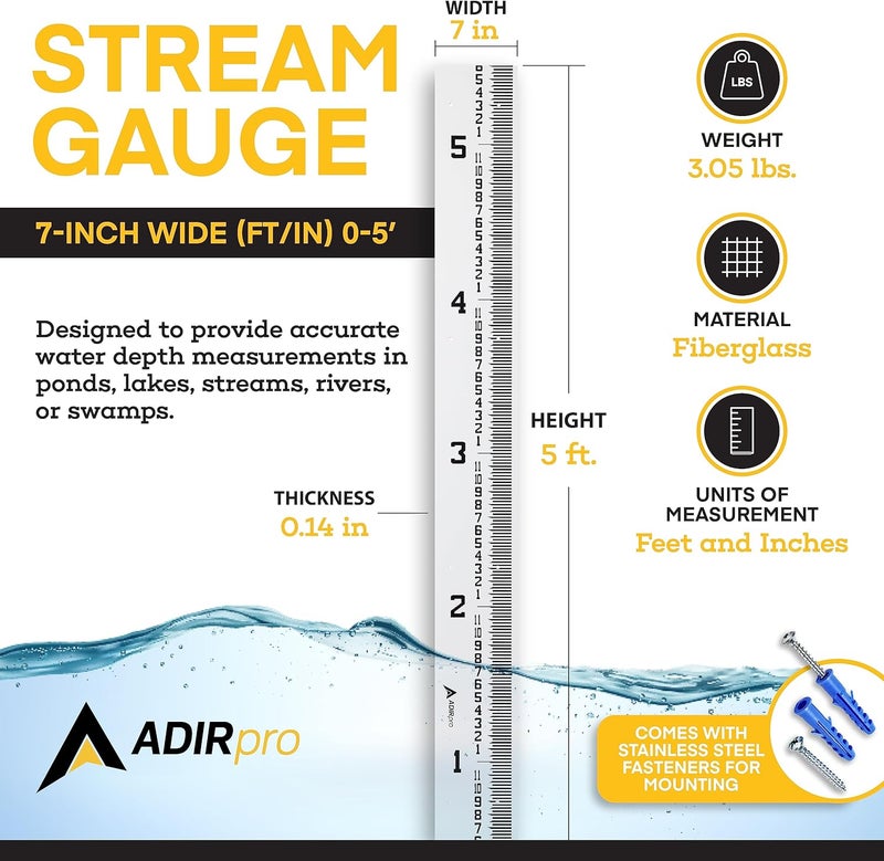 AdirPro 7" Wide Stream Gauge - Heavy Duty Staff Gauge - All Weather Gauge - Water Depth Gauge - Flow Meters - Graduated in Feet/Inches (0-5') - Image 1